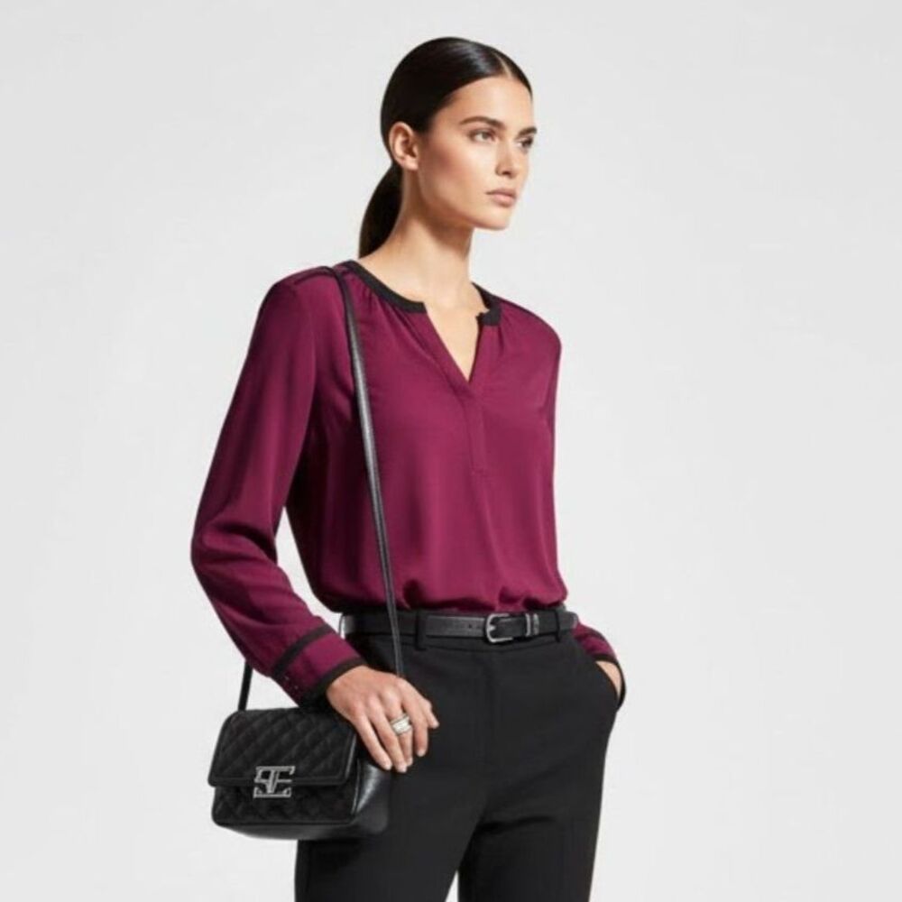 Karl Lagerfeld Magenta Contrast Trim Pintuck Blouse Size Medium NWT